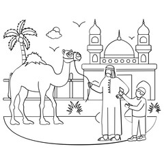 Emirati Dad and Son Holding Camel Rope concept, Sacred Journey From  Mosque to Marketplace vector design, Eid al-Adha sketch, Eid-al-Kabir Hajj drawing Traditional Arabic Muslims Festival illustration
