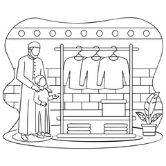 Saudi Man Taking his Kids for Pre Eid Shopping concept, Donating new or gently used clothing vector design Eid al-Adha sketch Eid-al-Kabir Hajj drawing, Traditional Arabic Muslim Festival illustration