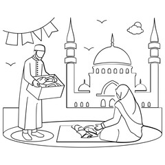 Saudi Man wearing Thawb Holding Meat Box concept Woman in headscarf preparing to distribute vector design, Eid al-Adha sketch Eid-al-Kabir Hajj drawing, Traditional Arabic Muslim Festival illustration