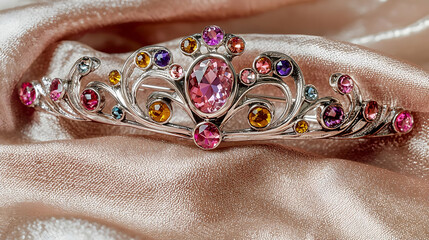 Ornate Colorful Tiara On Pink Fabric