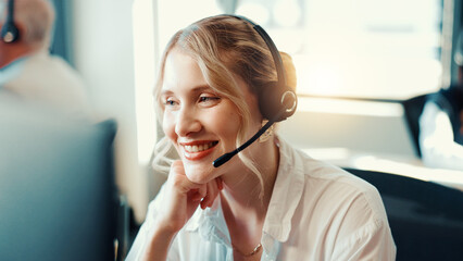 Call center, agent and woman with headset, communication and talking with contact for...