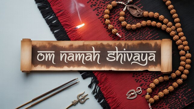 Bholenath, hindu Sacred scroll with Om Namah Shivaya, incense, and mala