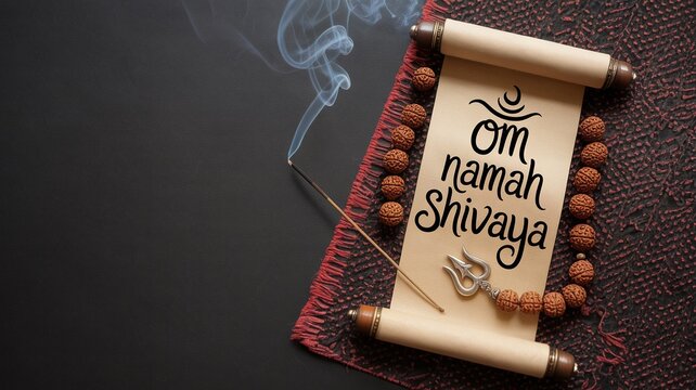 Bholenath, hindu Sacred scroll with Om Namah Shivaya mantra, incense, and beads (1)