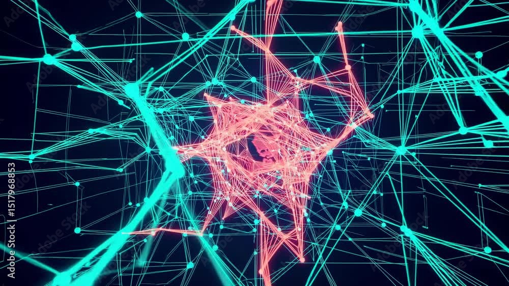 Poster glowing plexus structure rotating slowly, forming complex geometric shapes, ideal for technology, sc