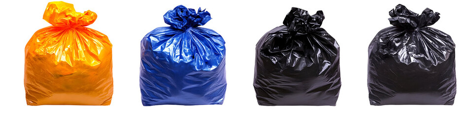 Fototapeta premium Colorful assortment of plastic garbage bags isolated against a dark background