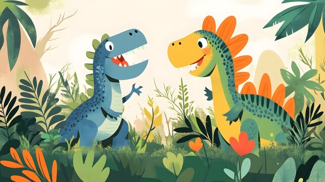 Two friendly dinosaurs in a lush jungle.