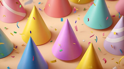 Colorful Array of Party Hats and Confetti Creates a Festive Atmosphere