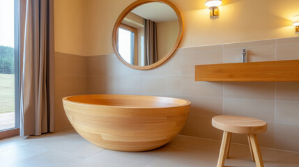 Chic bathroom design showcasing freestanding wooden bathtub and modern decor