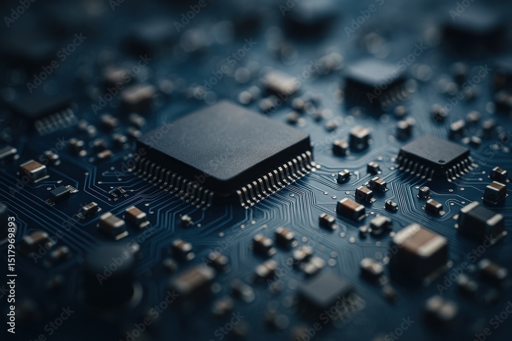 Aufkleber close-up view of electronic circuit board with various integrated circuits and connectors.