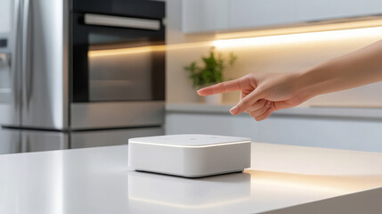 Hand using voice commands smart device modern kitchen, showcasing technology and convenience