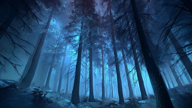 Endless spooky forest animation through dark foggy forest