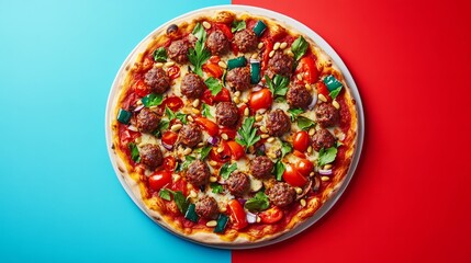 Top view of a whole pizza with vibrant toppings including veal meatballs, parsley, roasted bell pepper, cherry tomatoes, pine nuts, tomato sauce, mozzarella and red onion on a split blue and red 