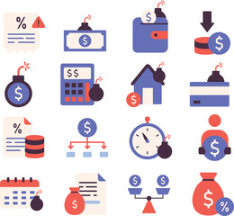 Debt illustration set. Includes of loan, finance, credit, money, overdue, bill, interest, bankruptcy, and More. Vector flat color collection
