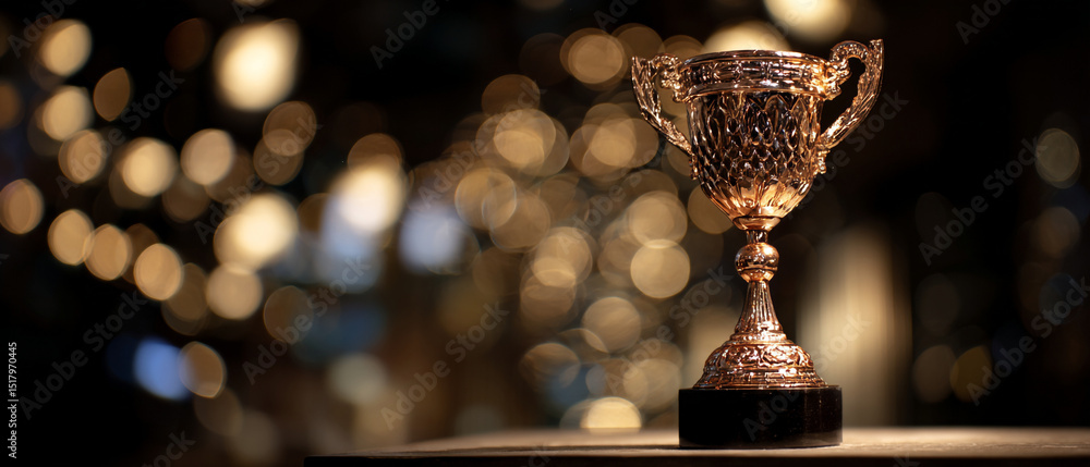 Poster a golden trophy on a table with a blurred background of lights creating a bokeh effect behind it