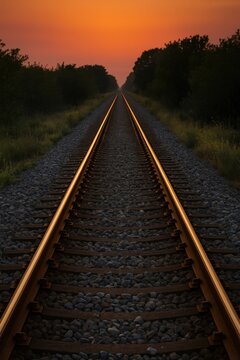 Train tracks leading to horizon under orange sky.