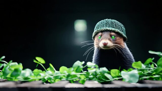 A playful ferret wearing a green beanie, surrounded by lush foliage in a softly lit indoor space