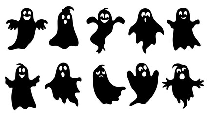 set of halloween ghosts silhouette vector on tranparent background