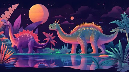 Obraz premium Two dinosaurs by a night pond in a vibrant jungle setting.