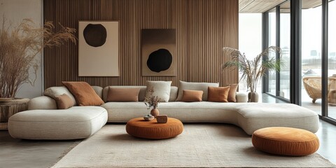 Inviting Home Interior with Large Sectional Sofa, Round Coffee Table, Textured Walls, and Modern Decor Accents
