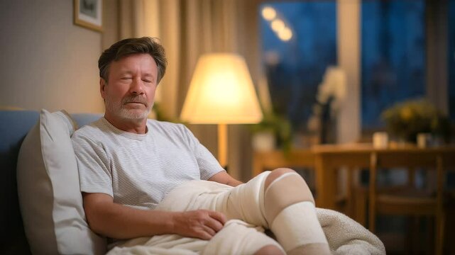 Patient using leg brace for recovery with adjustable straps and pillow