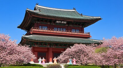 Beautiful korean architecture with cherry blossom trees, a traditional scene