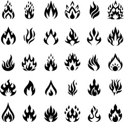 Set of diverse flame icons with various forms and representations