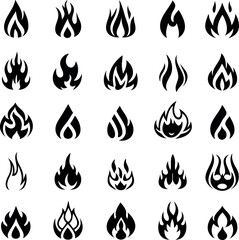 Collection of TwentyFour Black and White Flame Vector Icons in Various Shapes