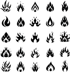 A collection of twenty different minimalist fire and flame graphic representations
