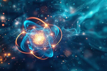 Fototapeta premium Colorful abstract representation of an atom, showcasing swirling particles and glowing energy.