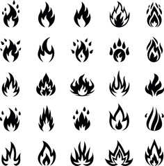Diverse collection of twenty five black and white stylized fire icons