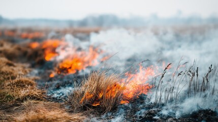 Grassland fire with flames and smoke spreading across dry vegetation, creating a dramatic scene of nature's power and the impact of wildfires on the environment