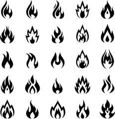 Collection of TwentyFour Unique Flame and Fire Icon Designs in Black