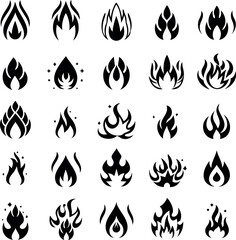 Collection of twenty unique black fire flame icon vector illustrations set