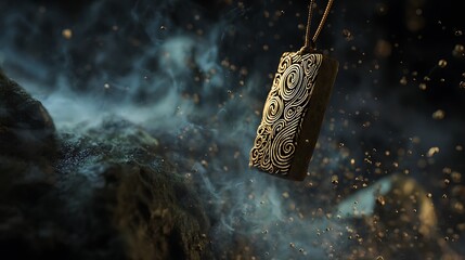 Antique Ornate Amulet Pendant Suspended in Mysterious Setting of Smoke