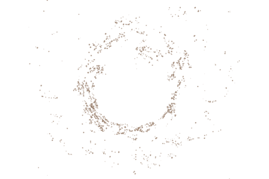 A mesmerizing abstract artwork featuring a circular, fragmented design with a central void, surrounded by scattered, textured particles in varying shades of beige, red, and yellow, creating a sense of