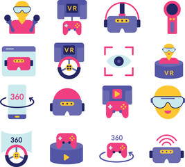 VR Game illustration set. Includes of virtual reality, vr headset, gaming, vr experience, immersive, and More. Vector flat color collection