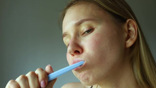 A young woman is seen brushing her teeth with a blue toothbrush in a well-lit bathroom. She displays a confident smile while maintaining good oral hygiene.