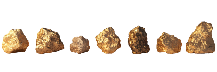 Luminous gold nuggets glistening against a stark black backdrop, isolated for creative use