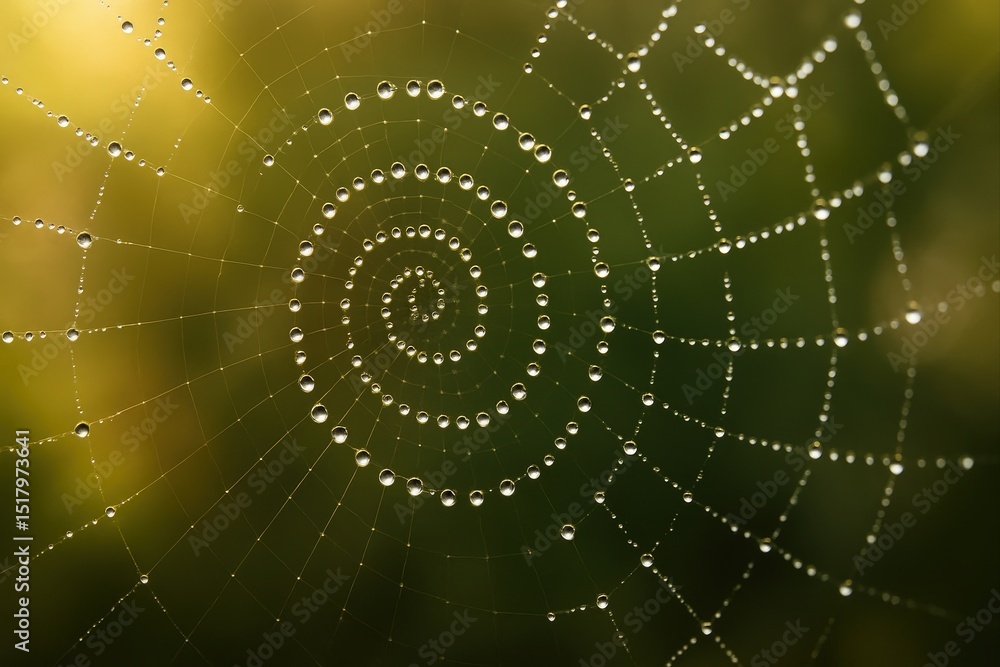 Poster close-up view of spider web covered in dew droplets, showcasing intricate design and delicate nature