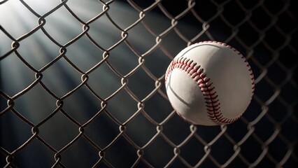 A classic white baseball with red stitching is perfectly wedged in the diamond mesh of a chain-link fence. Dramatic shafts of light pierce through the darkness in the background, creating a mood 
