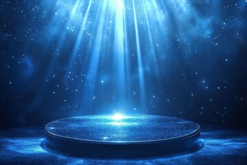 Blue spotlight shines on a round stage with a starry space background. Use as presentation mockup, product display, or celestial event background.