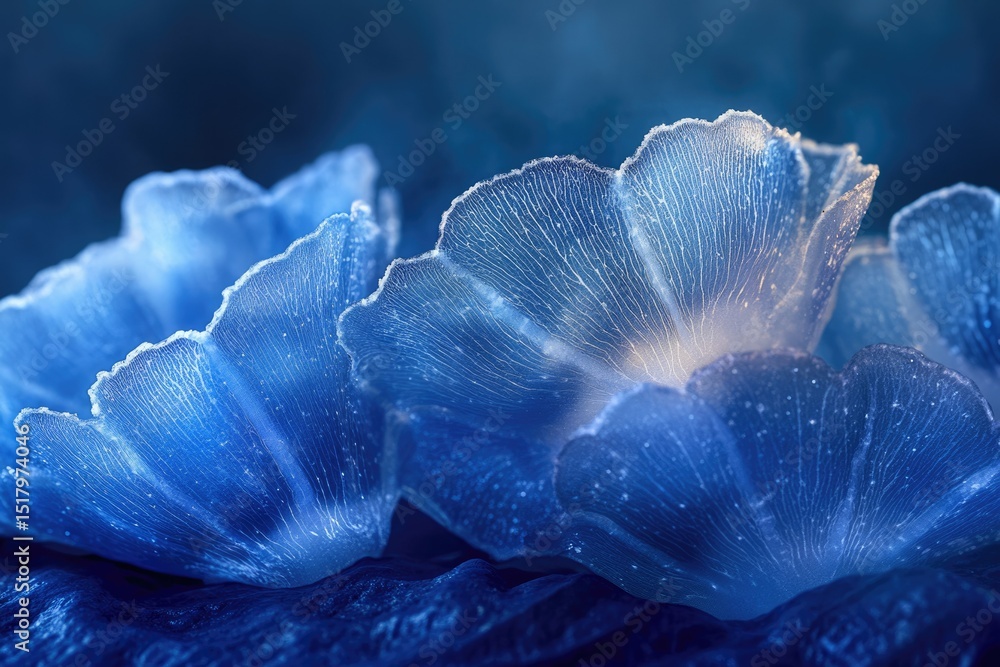 Poster close-up of translucent blue flowers with intricate vein-like patterns, ethereal and delicate.