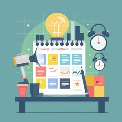 Flat design illustration of post scheduler calendar with colorful content blocks, representing digital planning, social media management, and content strategy. AI generated illustration.