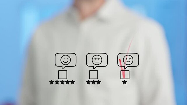 Businessman touching digital screen, selecting one star rating with checkmark, conveying strong customer dissatisfaction and negative service evaluation