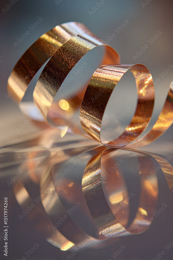 Poster a close up shot of a shiny golden ribbon curled on a reflective surface with soft light and shadow p