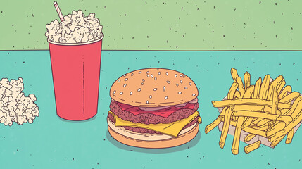 Fast food set in vector style featuring a burger, french fries, soda, and popcorn.

