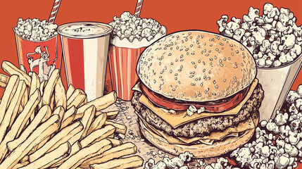 Colorful vector graphic of classic fast food: burger, drink, popcorn, and fries.

