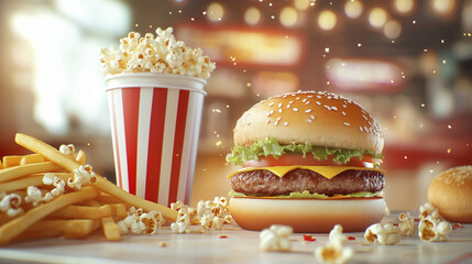 Vector illustration of popular fast food items including a burger, fries, popcorn, and a drink.

