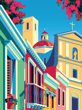 Detailed cityscape with colorful  bright traditional mediterranean caribbean buildings, roofs, houses, windows with flowers, towers and churches. Handmade drawing vector illustration.