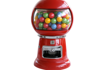 Red gumball machine filled with colorful gumballs against black background